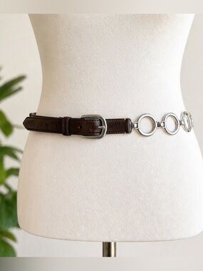 Fossil Brown Leather Belt w/ Metal Ring Chain Detail | Size M | Boho Minimal
